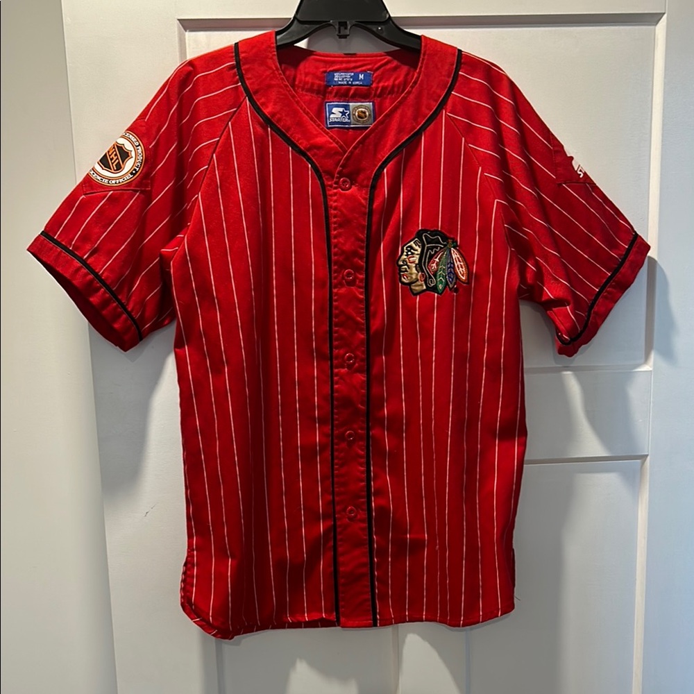 Red Pinstripe Chicago Blackhawks Hockey Jersey.